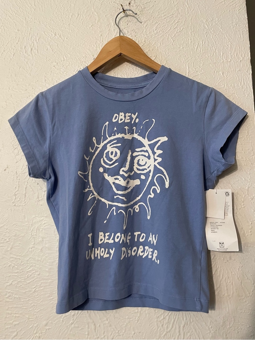 NWT OBEY Disorder T-shirt Blue Graphic Sun Face Tee Small